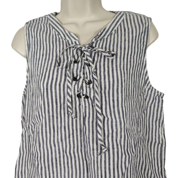 Christian Siriano Sleeveless Linen Lace Up Top Women Size L Blue White Striped - Picture 2 of 8